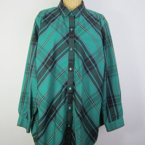 Coldwater Creek Women Plus 2X Teal Blue Green Black Plaid Cotton LS Shirt - Picture 10 of 15